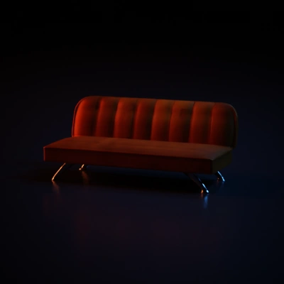 Couch with metal legs, tufted backrest, low profile.