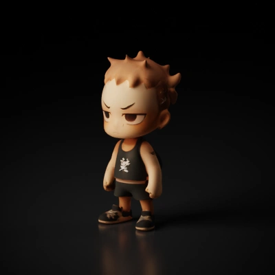 Short muscular figurine with spiky hair, bare arms, serious face.