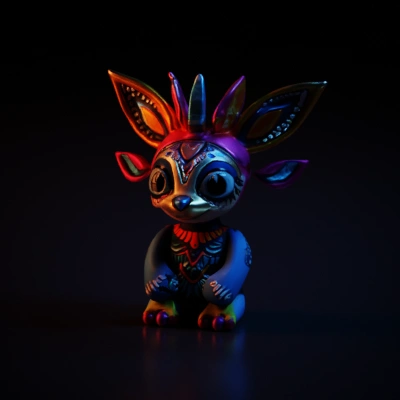 Decorative stuffed animal with tribal design, big ears.