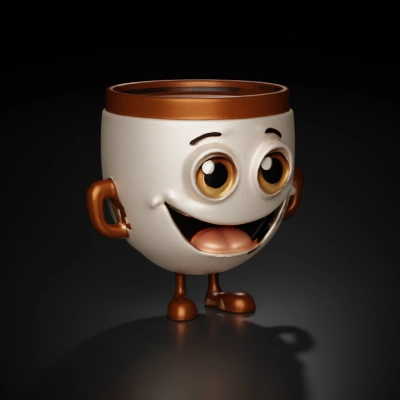 coffee mug with arms, legs, and smiling face like a pixar texture