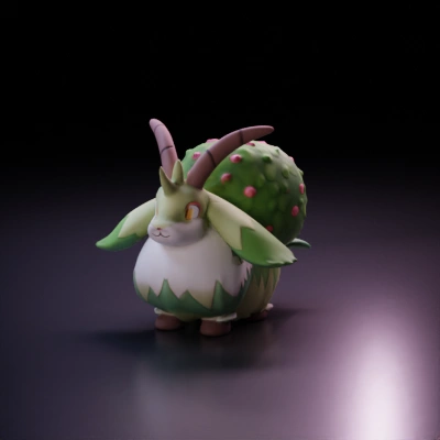 Rabbit creature with horns and leafy back.