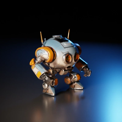Small, round robot with articulated limbs and large eyes.