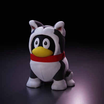 Plush penguin character, cartoon style, winking face.