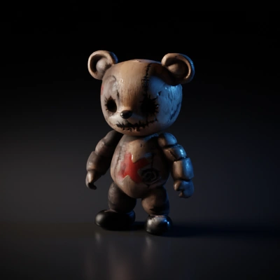 Stitched teddy bear with X on body, buttons.