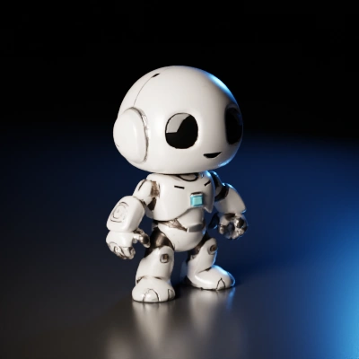 Robot with large eyes, humanoid form, friendly design.