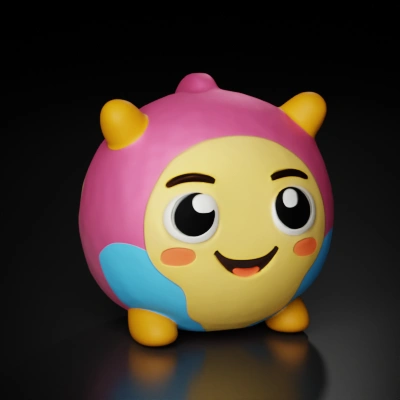 Smiling cartoonish character, round body, tiny arms.