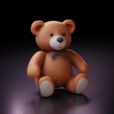 Stuffed bear with cute expression and bow tie.