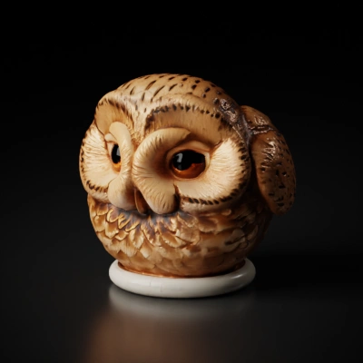 Wooden owl carving, detailed feather patterns.
