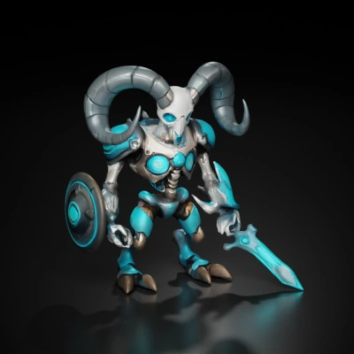 Robotic skeletal warrior with glowing elements, horns.