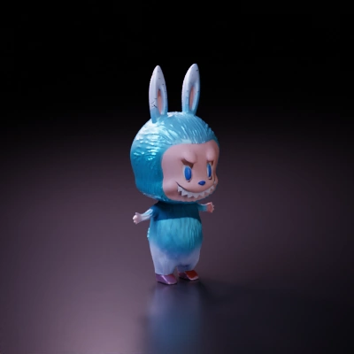 Cartoonish blue bunny character with big head. the same color as the picture