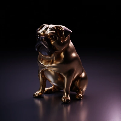 Bulldog-like sculpture with expressive eyes.