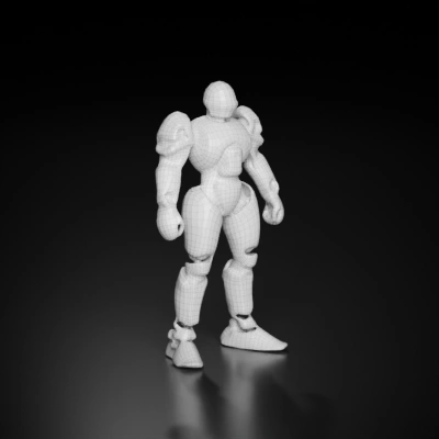 Futuristic armored robot with humanoid design.