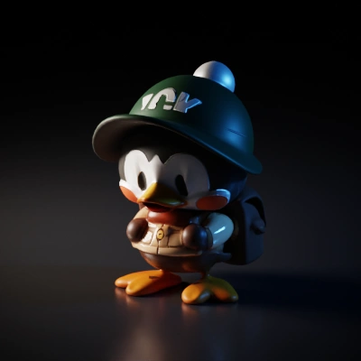 Penguin character dressed as an adventurer with a backpack.
