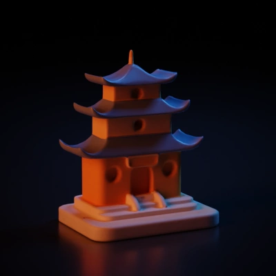 Pagoda-like temple, multilevel, toy-like appearance.