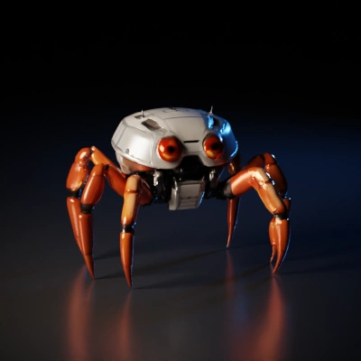 Small spider-like robot with mechanical legs, red eyes.