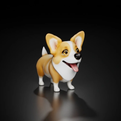 Cartoon corgi with expressive eyes, friendly look.