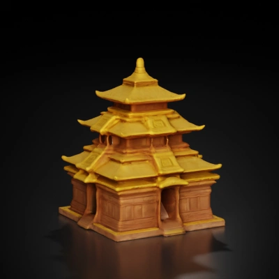 Multi-tiered pagoda temple, complex details.