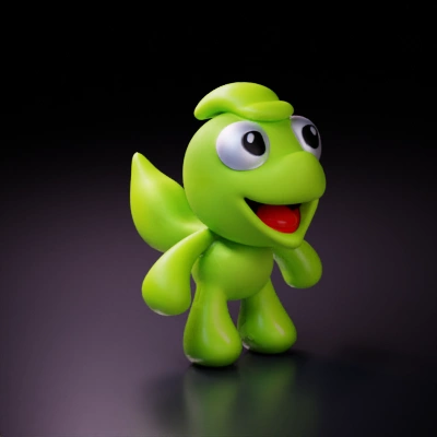Cute cartoonish dragon with wings, big eyes, smiling wide mouth.