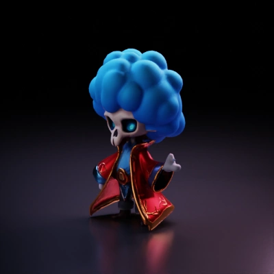 Wizard-like character with blue afro and skull face.