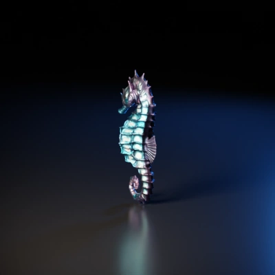 Futuristic seahorse, detailed exoskeleton, aquatic creature.