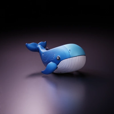 Cartoon whale plush toy, big eyes, smiling.
