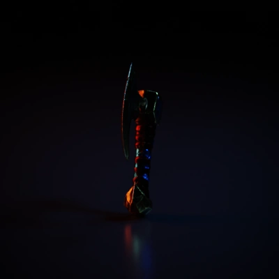 Fantasy battle axe with ornate details, twin blades.