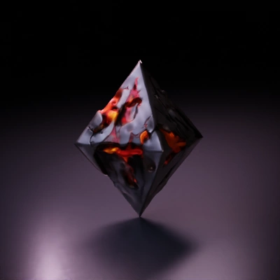 Floating crystal-shaped object illuminated with internal fire.