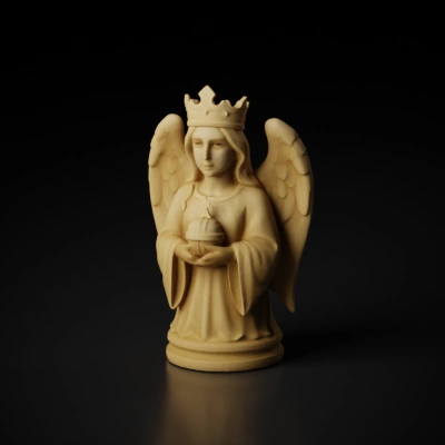 Crowned angel statue holding orb.