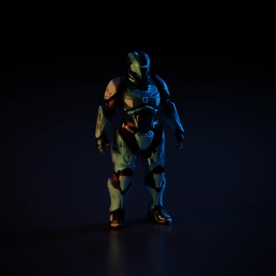 Battle-ready armored soldier, futuristic exoskeleton character.