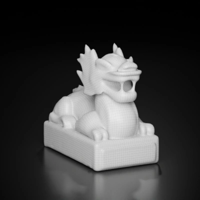 Dragon statue with intricate scales, sitting pose. symmetric geometry, smooth edges, complex geometry, character, sharp edges, simple geometry