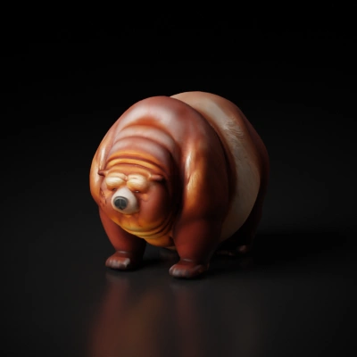 Obese bear, fluffy with defined folds, standing upright on four legs.
