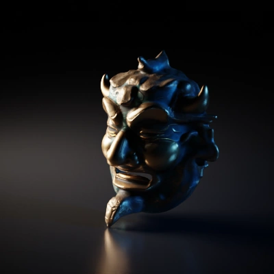 Demonic mask with intricate details, horns, and exaggerated features.