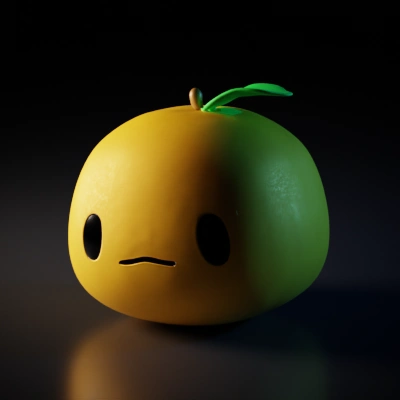 Orange fruit character with a leaf on its head.