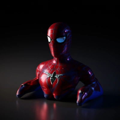 Iconic superhero costume with web pattern.