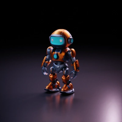 Cartoonish humanoid robot with glowing blue face, futuristic design.