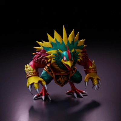 Colorful monster with feathers and claws.