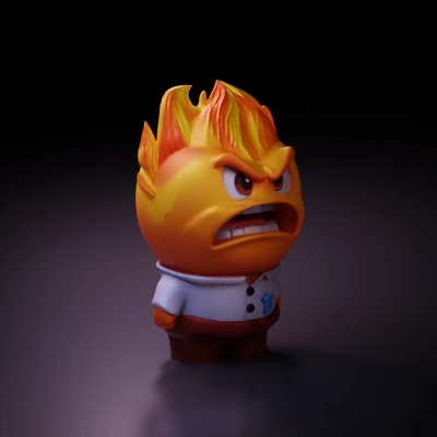 A 3D low-poly character model inspired by Anger from Inside Out, reimagined in the style of The Emoji Movie. The character has a round, compact head and body, with a fiery red color palette. Features an intense, furrowed brow, narrowed eyes, and a clenched, angry mouth. Includes a low-poly flame effect on the head to represent anger, designed with simple geometric shapes. The design is bold yet child-friendly for a mobile game aimed at ages 3–5. Optimize for Godot 4 with a low polygon count and export as a .glb file. The background is a fiery, dynamic world with red and orange hues.