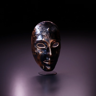 Ornate metallic mask with intricate carvings.