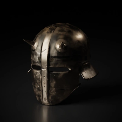 Medieval helmet with spikes, battle-worn.
