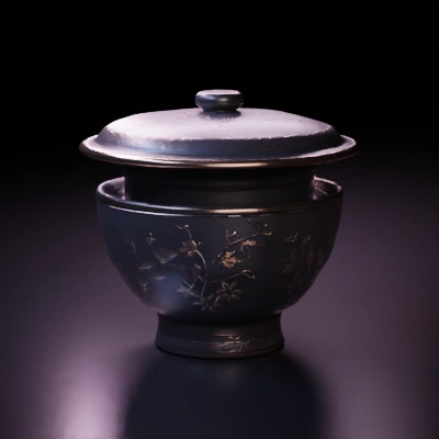 Decorative floral ceramic bowl with lid.