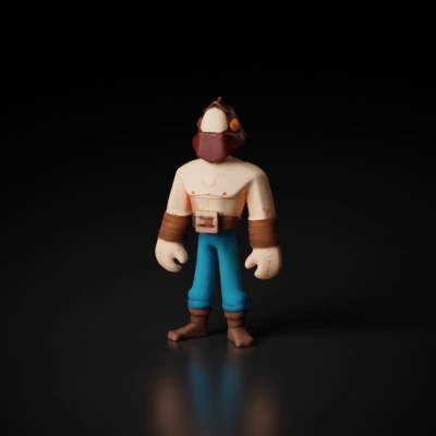 Cartoonish claymation character, brown wristbands.
