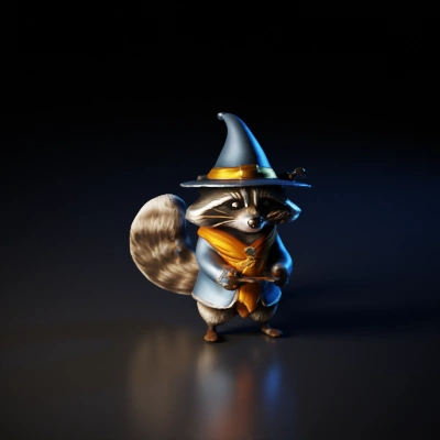 Raccoon wizard holding magic staff.
