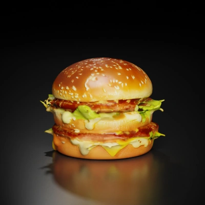 Double cheeseburger with lettuce, pickles, sesame seeds, melted cheese.