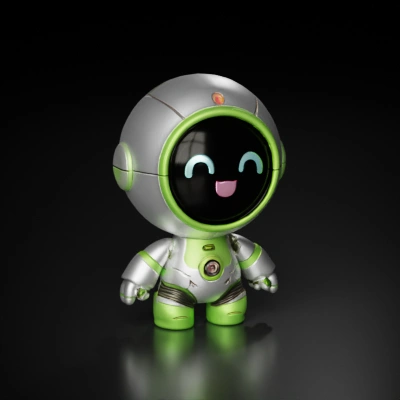 Cute smiling robot with round features, digital face. HELMET IS ALL WHITE IN THE BACK