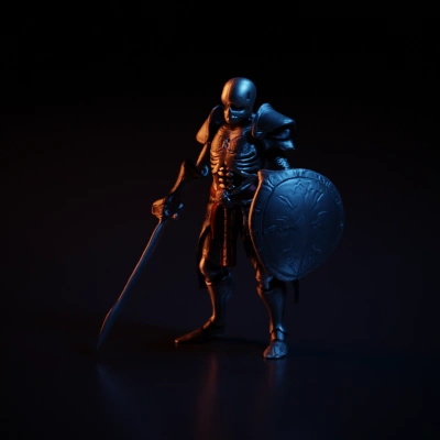 Skeleton warrior in armor with shield and sword.