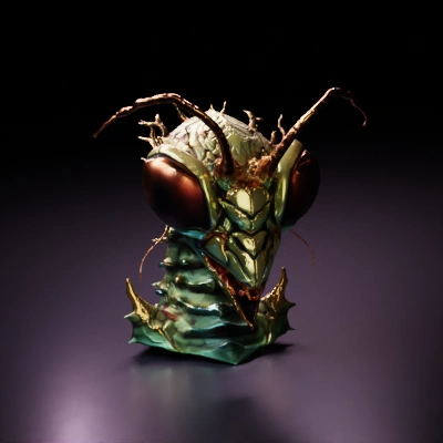 Insect character, menacing face, intricate details.