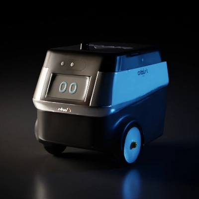 Delivery robot, autonomous, screen display, compact design.