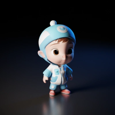 Cute cartoon child character in blue outfit.