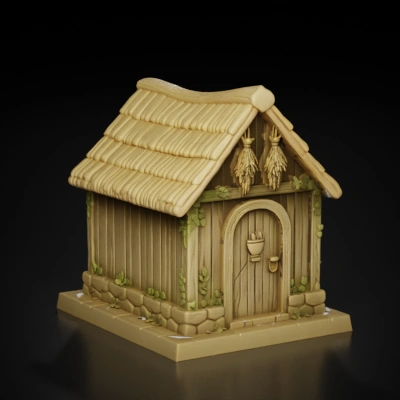 Fantasy cottage model with thatched roof.