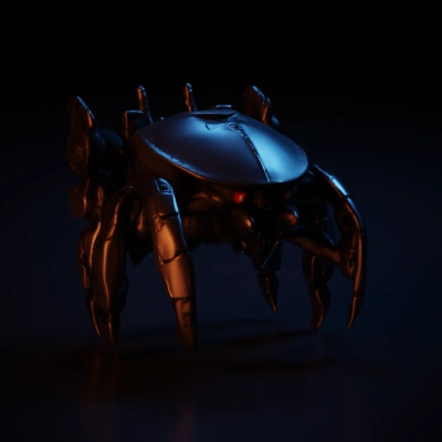 crab-like robot with menacing red eyes.